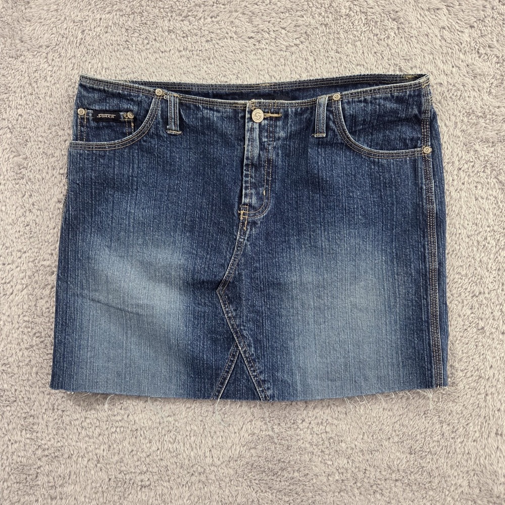 Squeeze Denim Mini Skirt Junior's 13 Blue Raw Hem Y2K Faded Cotton (34" Waist)